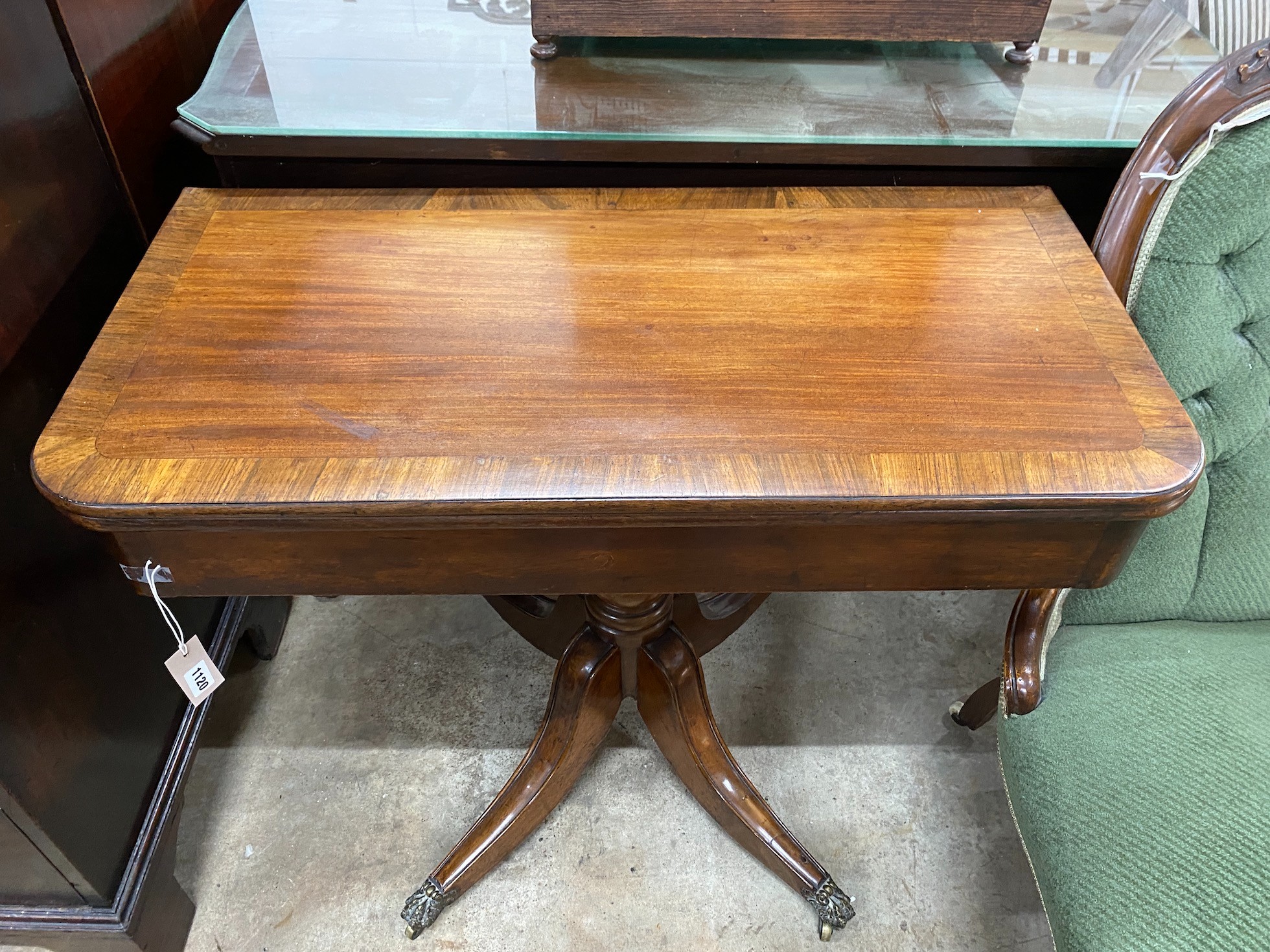 A Regency rosewood banded rectangular mahogany folding tea table, width 92cm, depth 45cm, height 73cm *Please note the sale commences at 9am.